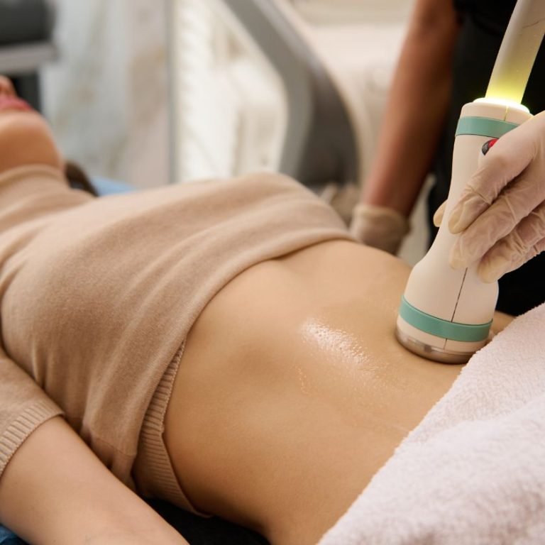 Non surgical fat removal body measurements with tape.